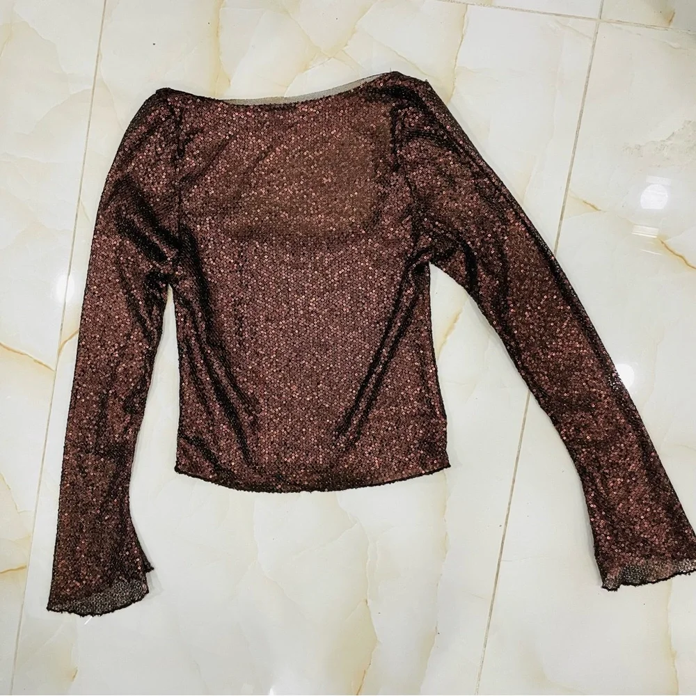 Free People Intimately Free Sheer Brown Sequins Long Bell Sleeve Top Womens XS